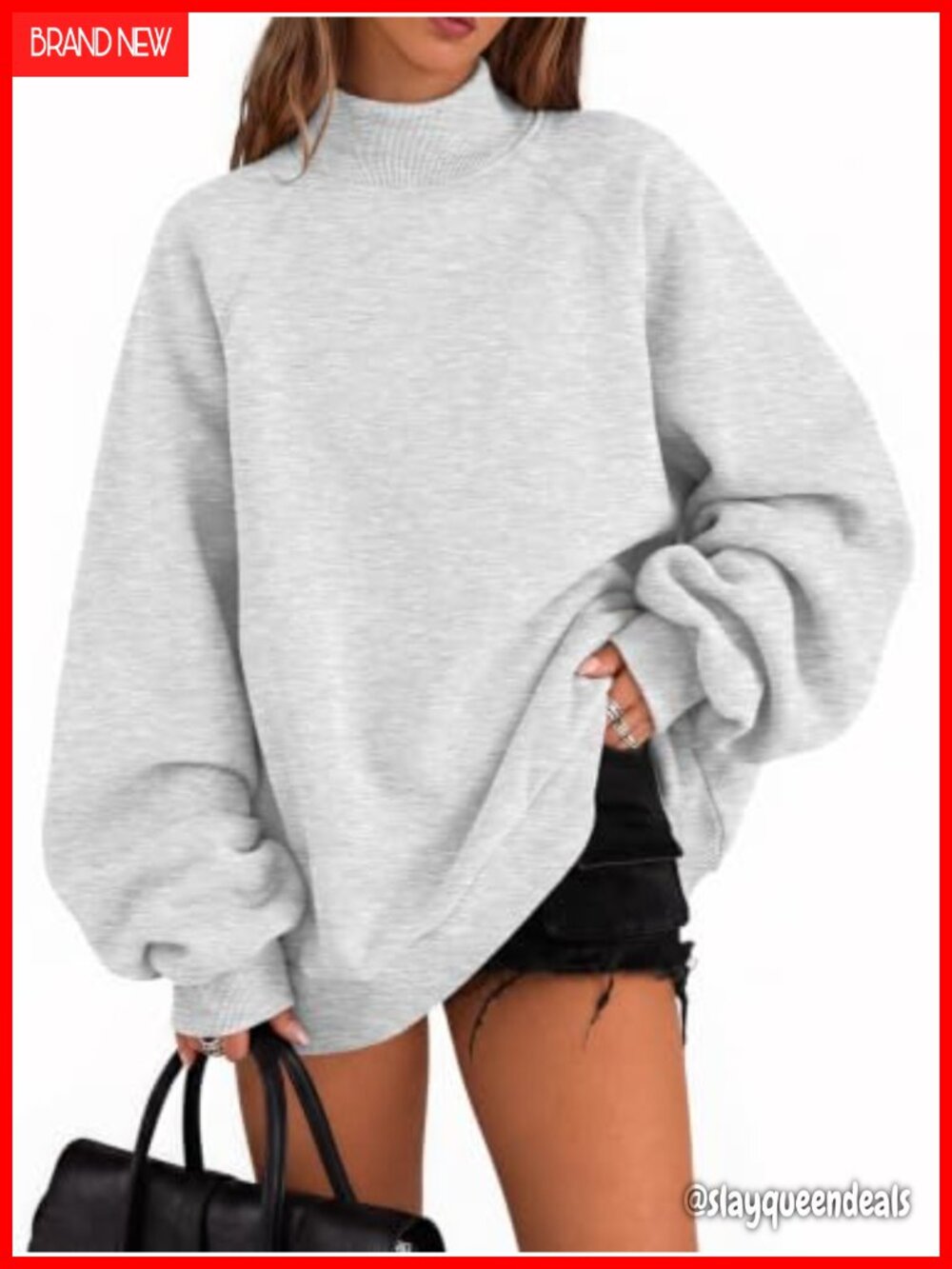 Mock Neck Oversized Sweatshirt with Pockets Cotton Fleece Raglan Sleeve Pullover